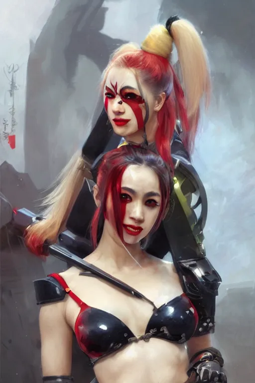 Prompt: portrait of asian Harley Quinn in bikini armor, dc comics, cyberpunk, Warhammer 40000, dark fantasy, digital art from artstation by Ruan Jia and Mandy Jurgens and Artgerm and william-adolphe bouguereau