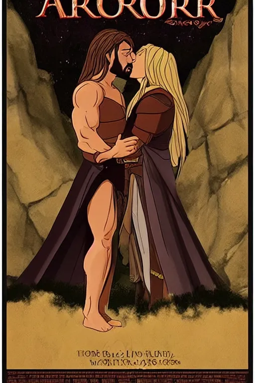 Prompt: movie poster of aragon and boromir kissing, lord of the rings, muscular, strong, elegant, smooth, sharp focus, hyper detailed