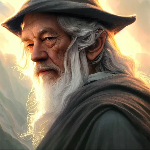 Image similar to a portrait of gandalf cinematic lighting, photorealistic, octane render, 8 k, depth of field, 3 d, art by artgerm and greg rutkowski and alphonse mucha and uang guangjian and gil elvgren and sachin ten