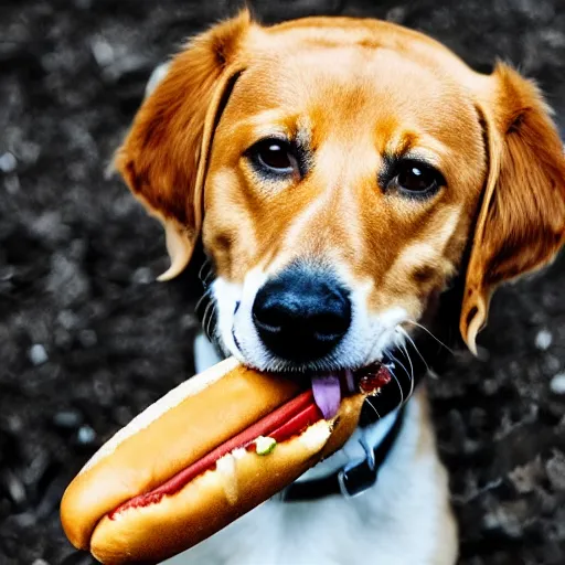 Prompt: a dog eating a hot dog, surreal