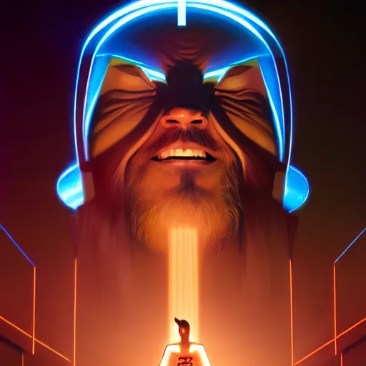 Image similar to tron legacy jesus laughing at the zoo, diffuse lighting, hyper realistic, concept art, intricate, hyper detailed, smooth, sharp focus, illustration, trending on artstation, art by greg rutkowski and james gurney and alphonse mucha