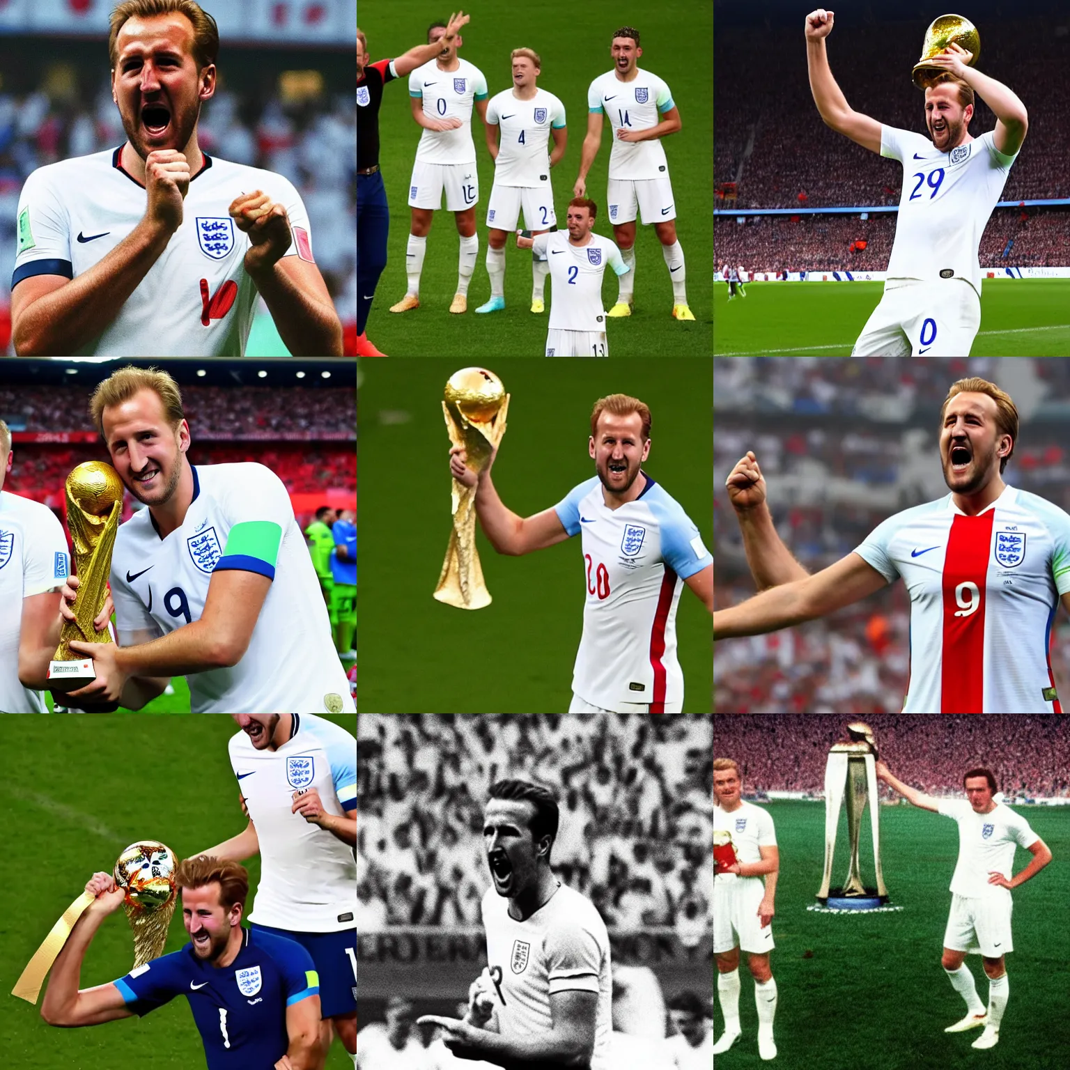 Prompt: Harry Kane wins the World Cup for England and kisses the Jules Rimet trophy. Harry Kane wears a white England football shirt with three lions on the badge