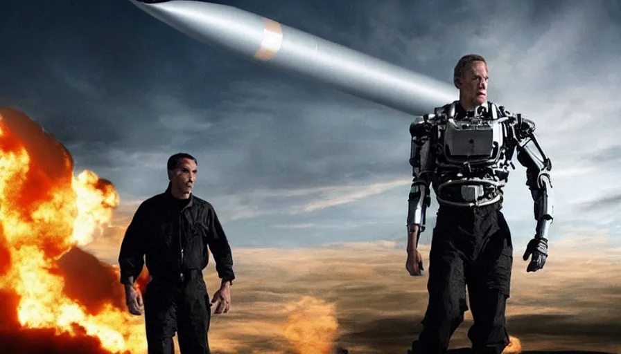 Image similar to big budget action movie about a nuclear icbm and a demonic cyborg