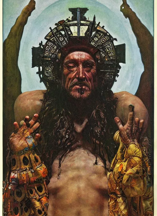 Prompt: upper body and head portrait of dennis hopper dorian yates hybrid as god wearing robes and a crown, by lawrence alma tadema and zdzislaw beksinski and norman rockwell and jack kirby and tom lovell and greg staples