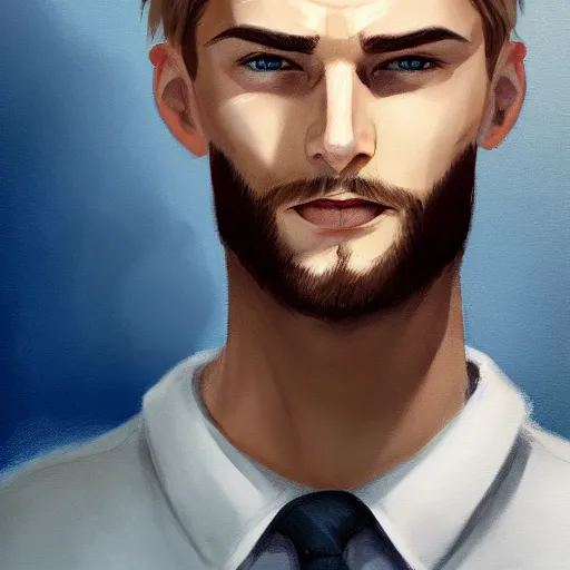 Image similar to tall chunky man in his twenties with brown blond short regular haircut and round facial structure with cleft chin, straight eyebrows, big grey blue eyes, grinning, cheekbones, straight nose, wider face, shadow of beard, atmospheric lighting, painted, intricate, 4 k, highly detailed by charlie bowater