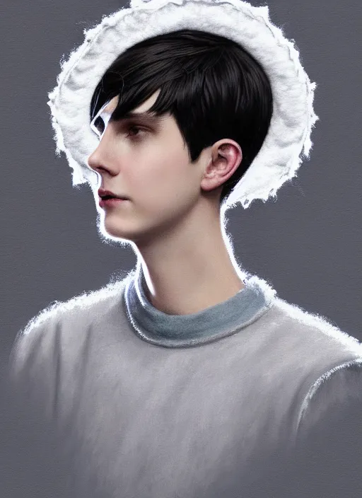 Image similar to portrait of teenage jughead jones wearing a light grey crown, photorealistic, crown made of fabric, crown, crown made of felt, black hair, intricate, elegant, highly detailed, digital painting, glowing lights, artstation, concept art, smooth, sharp focus, illustration, art by wlop, mars ravelo and greg rutkowski