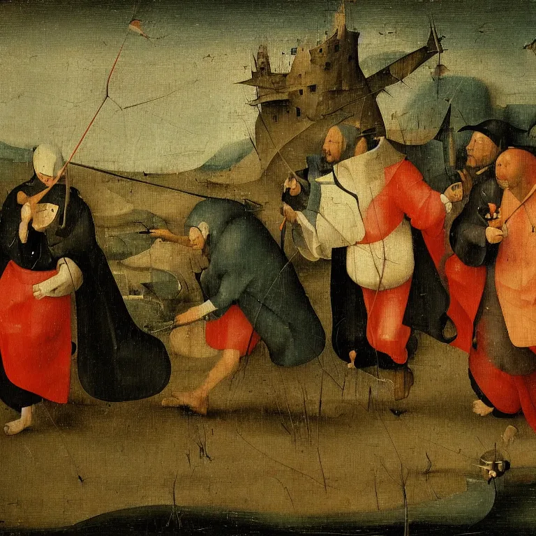 Prompt: The medium shot of three sarcastic mans with fishes running away with a small profit of money, thinking they've made a great deal by Hieronymus Bosch, oil painting, 4k, masterpiece