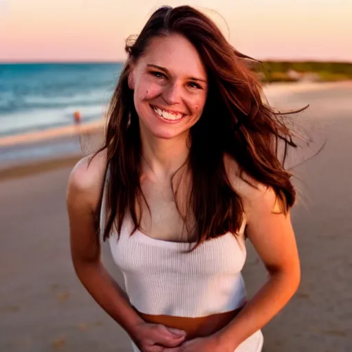 Prompt: A cute young woman, long shiny bronze brown hair, green eyes, cute freckles, smug smile, golden hour, beach setting medium shot, mid-shot,