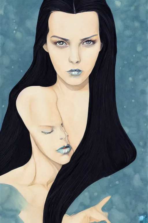 Prompt: portrait of a young beautiful woman with dark hair and dark eyes artwork by Martine Johanna, Jack Gaughan