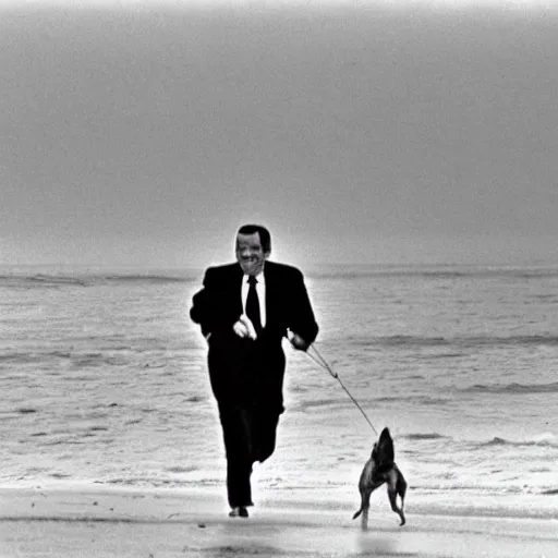 Prompt: Richard Nixon running with his dog on the beach