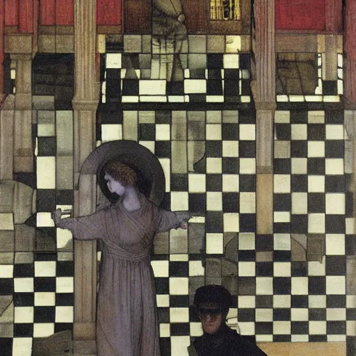 Prompt: checkered floor with travis bickle by edward burne - jones