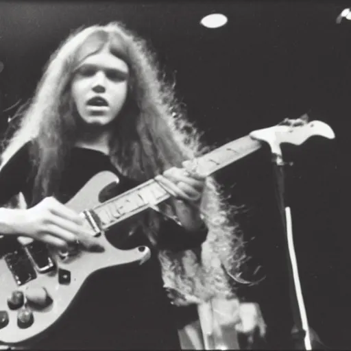 Prompt: 19-year-old girl, long shaggy red hair, playing electric guitar, stoner rock concert, live on stage, super 8mm, 1973