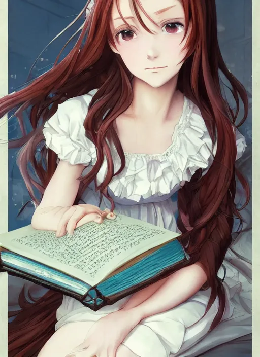 Image similar to a close up of a victorian maid with long flowing auburn hair sitting on a bed holding a book. cute anime eyes. by makoto shinkai, stanley artgerm lau, wlop, rossdraws, james jean, andrei riabovitchev, marc simonetti, krenz cushart, sakimichan, trending on artstation, digital art.