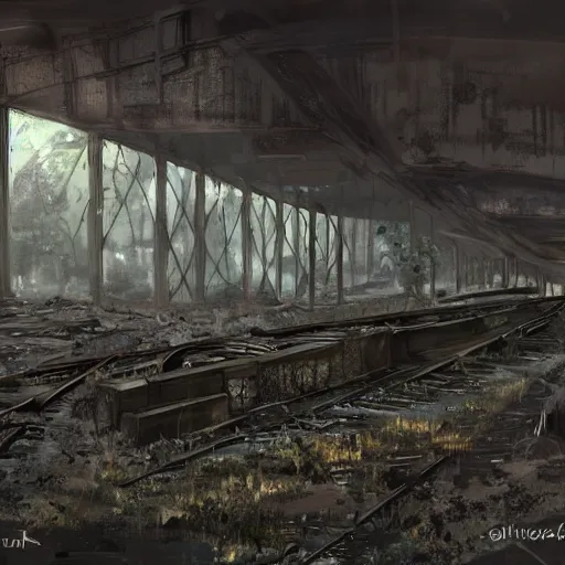 Prompt: An abandoned post apocalyptic subway station with an old decaying train, overgrown, sunlight, concept art, award winning