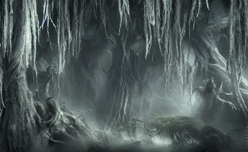 Prompt: the underworld, or the great willow, was a place of a mid - size and great terror filled with a wide range of beings, including spirits, the undead, humanoids and savage guardians., close up bokeh hiperrealistic, high detailled, darkness dramatic, sharp focus, octane render, imax