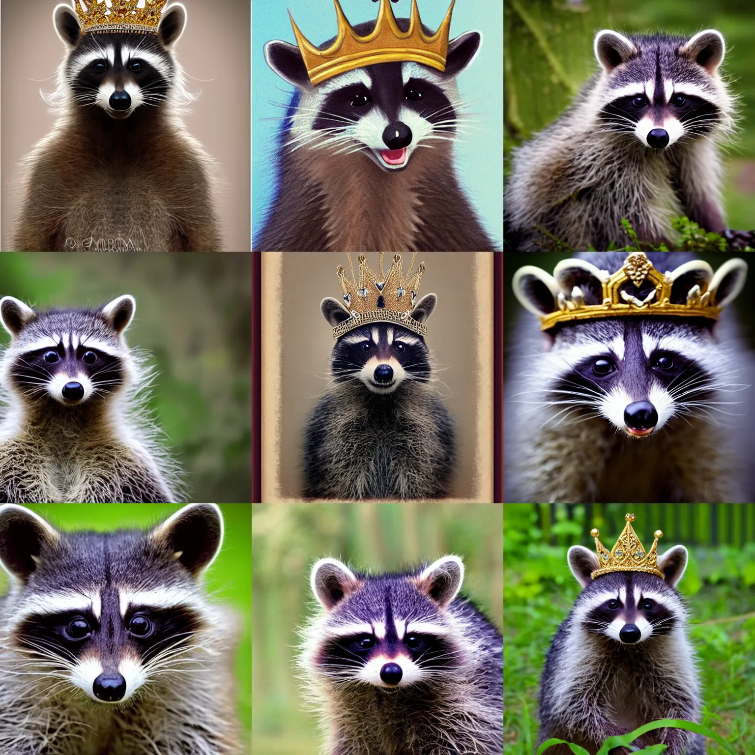 Prompt: a portrait of a racoon wearing a crown, cute, happy, smile