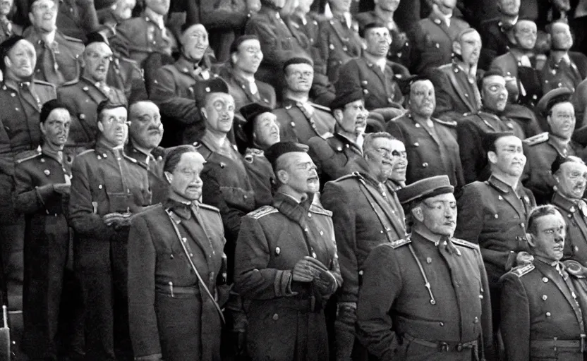 Image similar to 50s movie still of very diverse one general one officers one marshal with very detailed faces in a stalinist parlement, by Alexei Guerman, Cinestill 800t 35mm black and white, heavy grainy picture, very detailed, high quality, 4k, HD criterion, precise texture, diverse faces, diverse haircuts, diverse ages, each faces precisely define