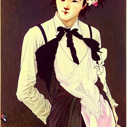 Image similar to full body painting of grumpy handsome thin beautiful young man in his 2 0 s named min - jun in a french female maid outfit and crossing his arms, modern clothing, elegant, clear, painting, stylized, sharp facial features, pouty, highly detailed, art, art by alphonse mucha