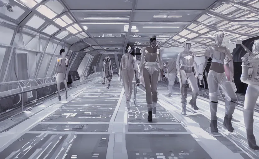 Image similar to High Quality Rendering of Fashion Catwalk on a Space-Station, Sci-Fi, Octane Renderer, Redshift, Raytracing