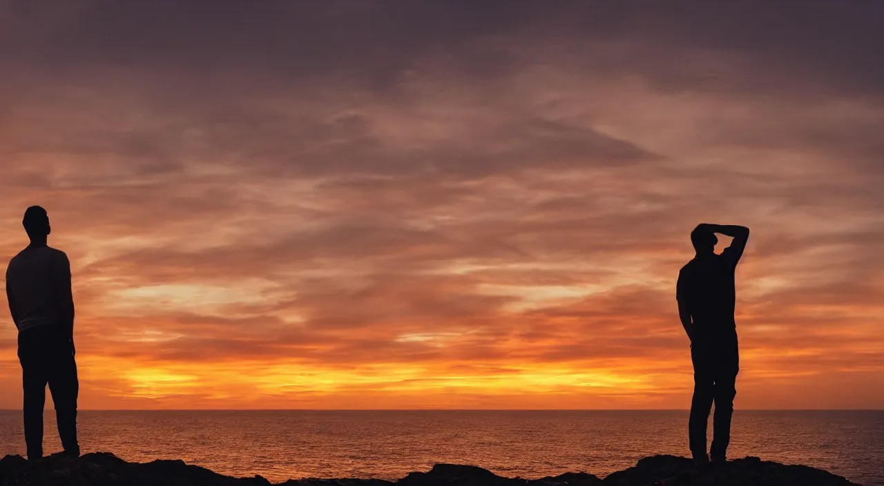 Image similar to a man thinking while looking at the horizon on a sunset