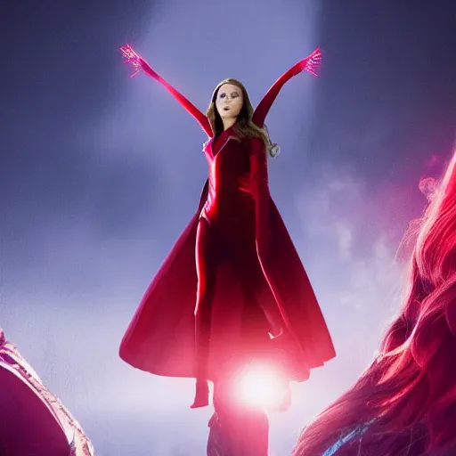 Image similar to movie still of elizabeth olsen as the scarlet witch afloat!!!!! in the air with red glowing eyes, emanating red magic!!!!! from her palms, full - body portrait, trending on artstation, 8 k quality, cgsociety contest winner, artstation hd, artstation hq, luminous lighting, beautiful cloudy atmosphere