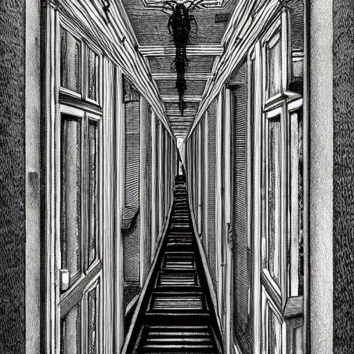 Prompt: a terrifying dark hallway with many doors and many stairs, impending doom, horror, Mc Escher architecture, epic composition, by Junji Ito