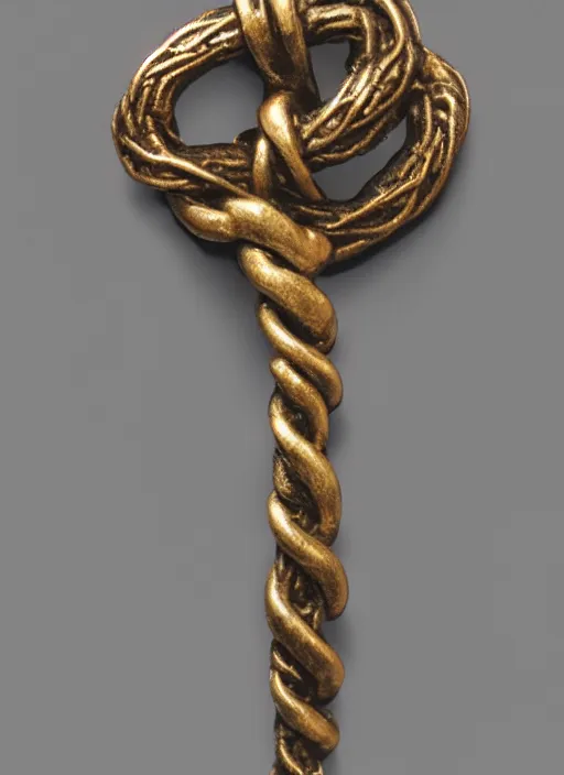 Image similar to bronze age Irish, detailed knot-work gold cloak pin of a dinosaur, studio lighting, museum