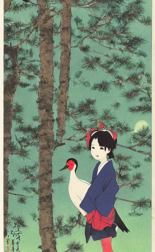 Prompt: girl next to a japanese crane bird in japanese pines, trading card front, kimono, realistic anatomy, concept art, professional, by studio ghibli, miyakazi, stunning, sun in the background