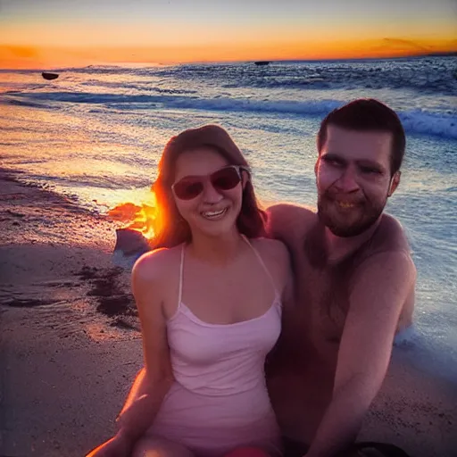 Prompt: cthulu photobombing a romantic selfie on a beach at sunset