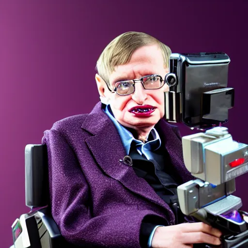 Prompt: Stephen Hawking with silver-violet hair, white eyes and golden glittery dress, wide lens, diorama, 4k,