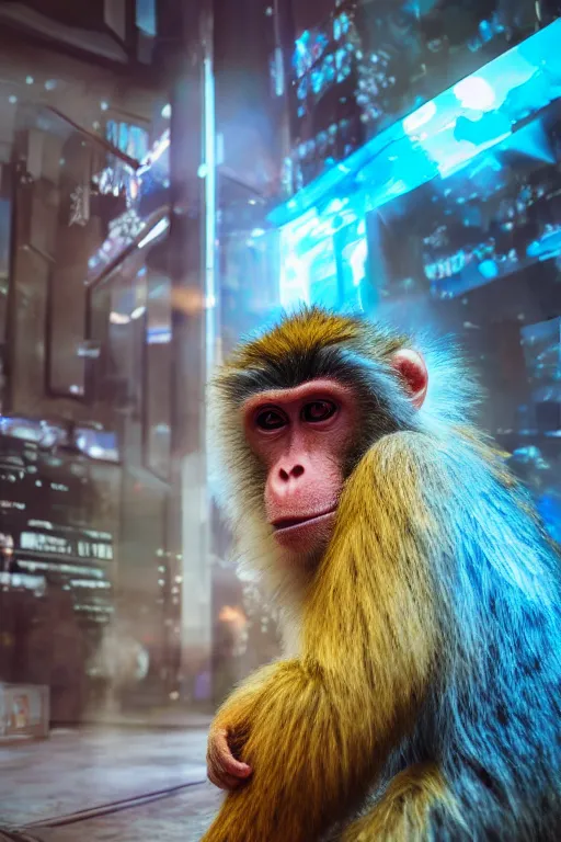 Prompt: Photography of ultra mega super hyper realistic detailed monkey in cyberpunk suits by Hiromasa Ogura . Photo shot from 30m distance on ultra mega super hyper Leica Q2 Camera, Rendered in VRAY and DaVinci Resolve and MAXWELL and LUMION 3D, Volumetric cyan gold natural light
