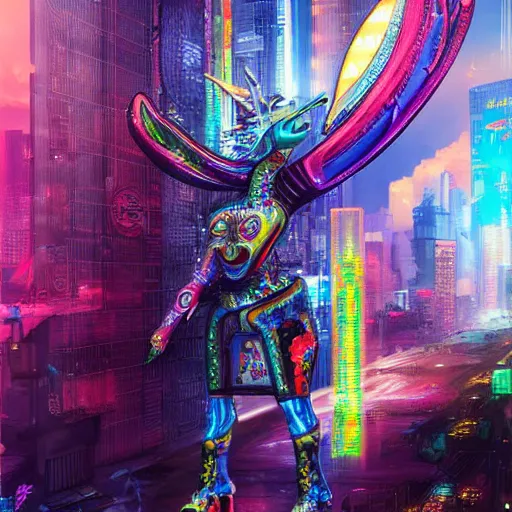 Prompt: a colorful qilin, cyberpunk style, high realism, rich detail, a sense of story