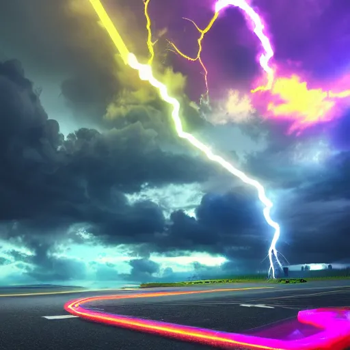 Prompt: Stormy Clouds emitting Neon lightning, 8k, vivid colors, high contrast, octane render, artstationhd, digital art