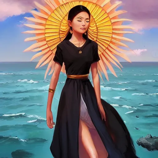 Image similar to asian sun goddess wearing modern clothing, portrait,! sundress!,! high ponytail!, slice of life, modern instagram influencer, beach and ocean in the background, highly detailed, digital painting, artstation, concept art, sharp focus, illustration, cinematic lighting, art by artgerm and greg rutkowski and alphonse mucha