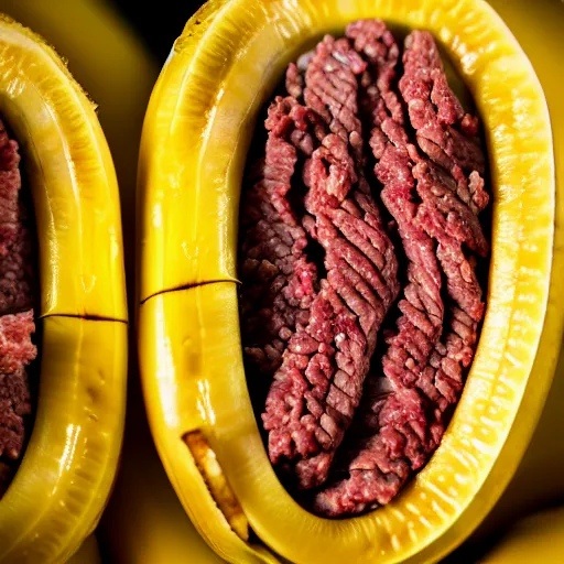 Image similar to a stock photo of ground beef inside a banana peel, product photography, low aperature, award winning