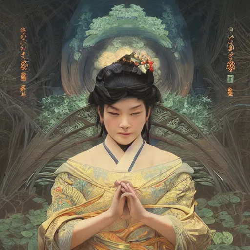 Prompt: painting of a yokai temple, intricate, elegant, highly detailed, digital painting, artstation, concept art, smooth, sharp focus, illustration, art by artgerm and greg rutkowski and alphonse mucha and william - adolphe bouguereau