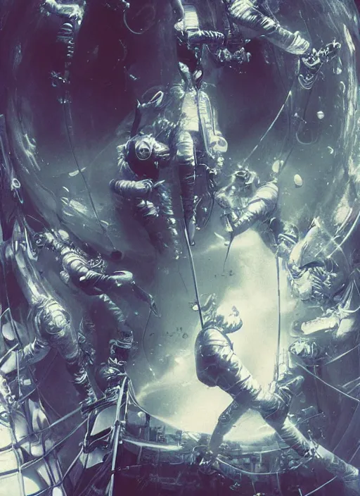 Image similar to astronauts divers in dark void underwater - complex and hyperdetailed technical suit design. reflection and dispersion materials. rays and dispersion of light. volumetric light. f / 3 2. noise film photo. flash photography. ultra realistic, 5 0 mm. poster by wayne barlowe, hajime sorayama aaron horkey, craig mullins