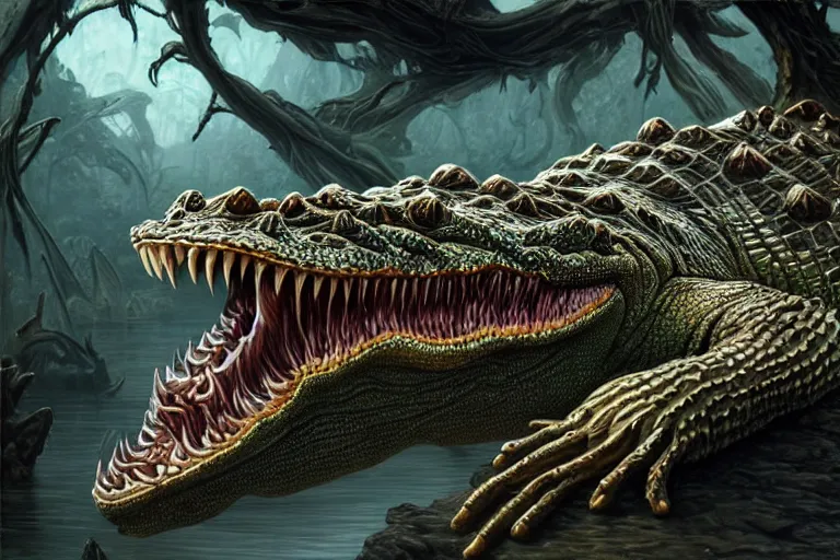 Prompt: a crocodile resembling twisted mass of scales, muscles, and teeth, which writhes about wildly, hissing and spitting with every movement, deep focus, d & d, fantasy, intricate, elegant, highly detailed, digital painting, artstation, concept art, matte, sharp focus, illustration, hearthstone, art by artgerm and greg rutkowski and alphonse mucha