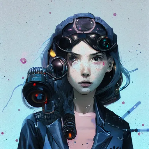 Image similar to Highly detailed portrait of a cyberpunk young lady with, freckles and wavy hair by Atey Ghailan, by Loish, by Bryan Lee O'Malley, by Cliff Chiang, by Greg Rutkowski, inspired by image comics, inspired by graphic novel cover art, inspired by nier!! Gradient color scheme ((grafitti tag brick wall background)), trending on artstation