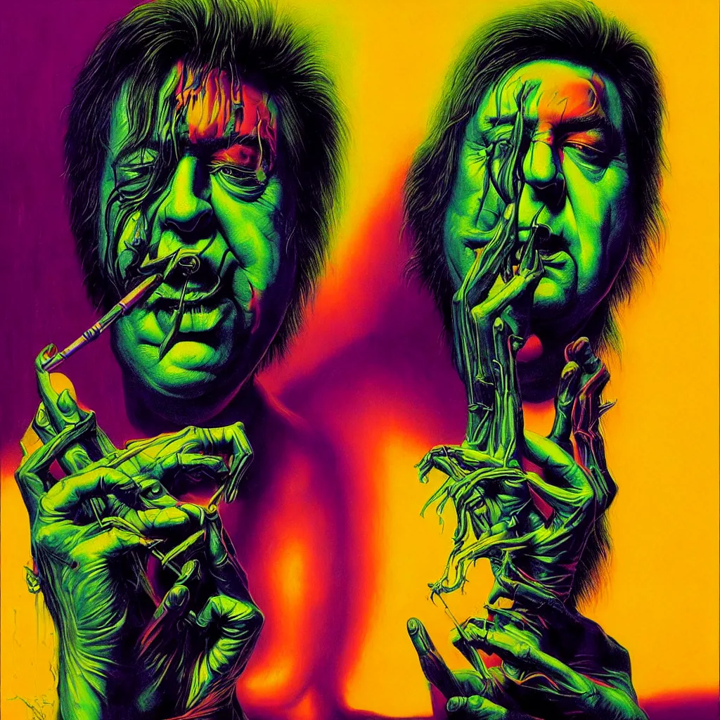 Image similar to psychedelic bright portrait of bill hicks smoking in the style of hans giger, alex grey, lynchian atmosphere, film noir, concept art, art by kuvshinov ilya and zdislav beksinski and wayne barlowe, vivid colors, yellow, purple, red, black, blue, green, orange, pink