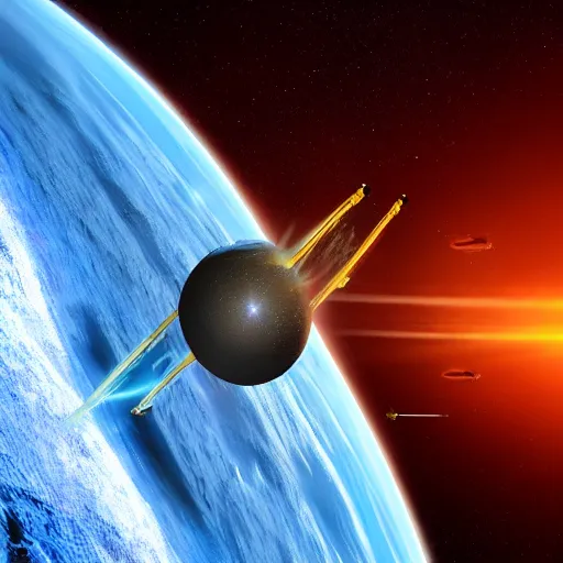 Prompt: hyperdetailed photo of a unknown spacecraft shooting down at a mysterious planet 8 k extremely detailed hd hyperrealism movie studio fx beautiful