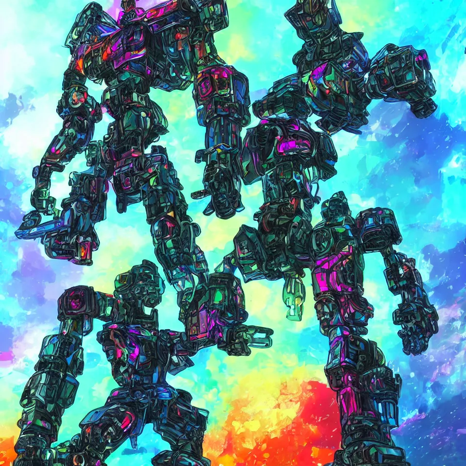 Prompt: of a giant robot warrior made of cubed armor melting into a pool of rainbow liquid trending on artstation with a blend of manga-style art, augmented with vibrant composition and color, Battle Scene, Sword fight, all filtered through a cybernetic lens, studio lighting, lit by flashing pixel light, cinematic lightning, medium shot, mid-shot, highly detailed, trending on artstation, Unreal Engine 4k, cinematic