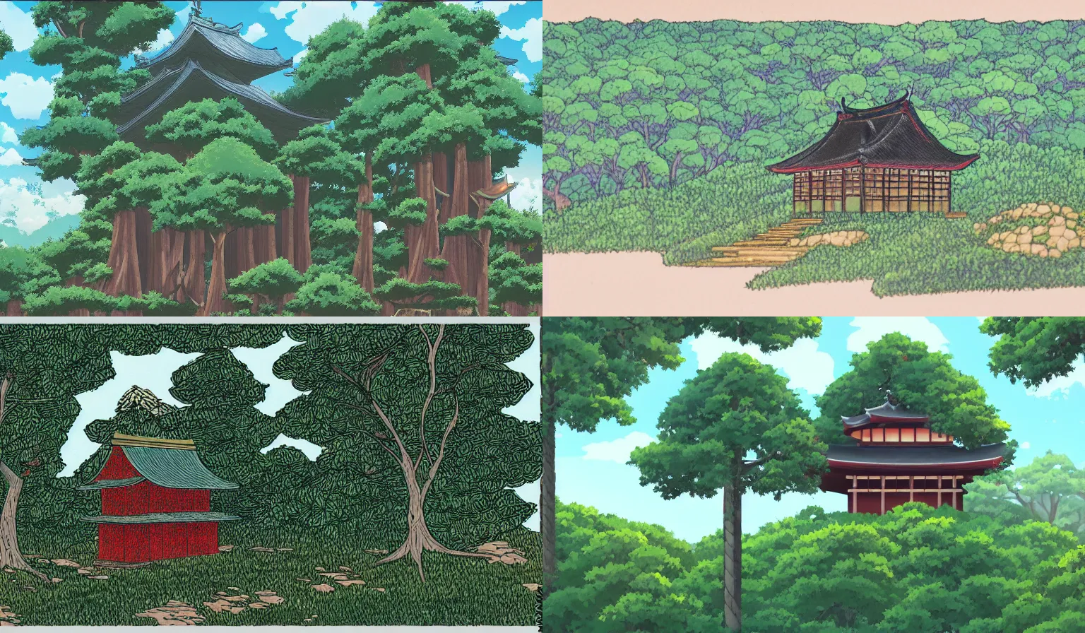 Prompt: forest landscape with a singular building in the style of kyoto animation