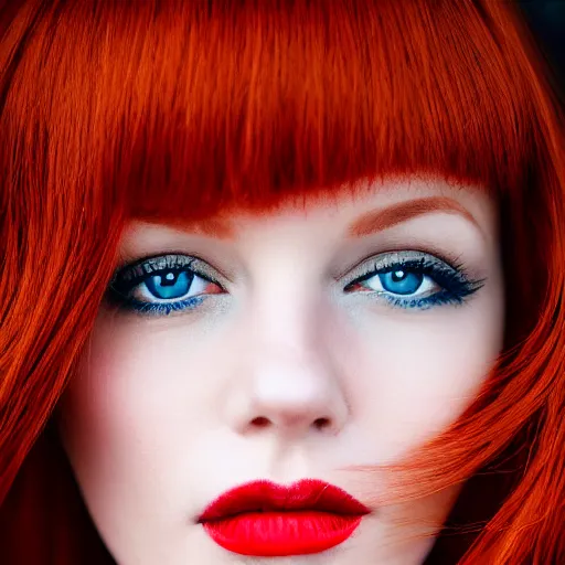 Image similar to close up portrait photo of the left side of the face of a redhead woman with blue eyes and big black round pupils and red lips who looks directly at the camera. Slightly open mouth, face covers half of the frame, with a park visible in the background. 135mm nikon. Intricate. Very detailed 8k. Sharp. Cinematic post-processing. Award winning photography