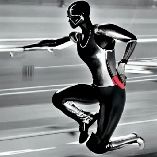 Image similar to Trinity the matrix, Female sprinter in athletic attire with cyborg legs, metal body, diesel punk, athletic footage, 1960's olympics, cinematic, art deco stadium