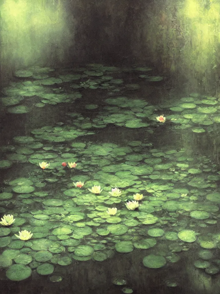 Prompt: detailed cinematic moody colors studio a victorian pond, water lilies, ofelia inspired high quality by jeremy mann, only one head single portrait