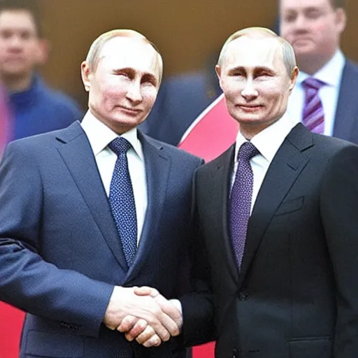 Image similar to putin teams up with a teenage putin, perfect faces