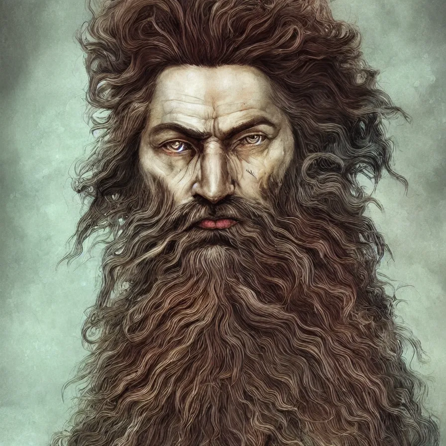 Image similar to Portrait of the Primeval Forest God, a beard Western male deity that brings serenity and wisdom onto the world. Headshot, insanely nice professional hair style, dramatic hair color, digital painting, of a old 17th century, amber jewels, baroque, ornate clothing, scifi, realistic, hyperdetailed, chiaroscuro, concept art, art by Franz Hals and Jon Foster and Ayami Kojima and Amano and Karol Bak,