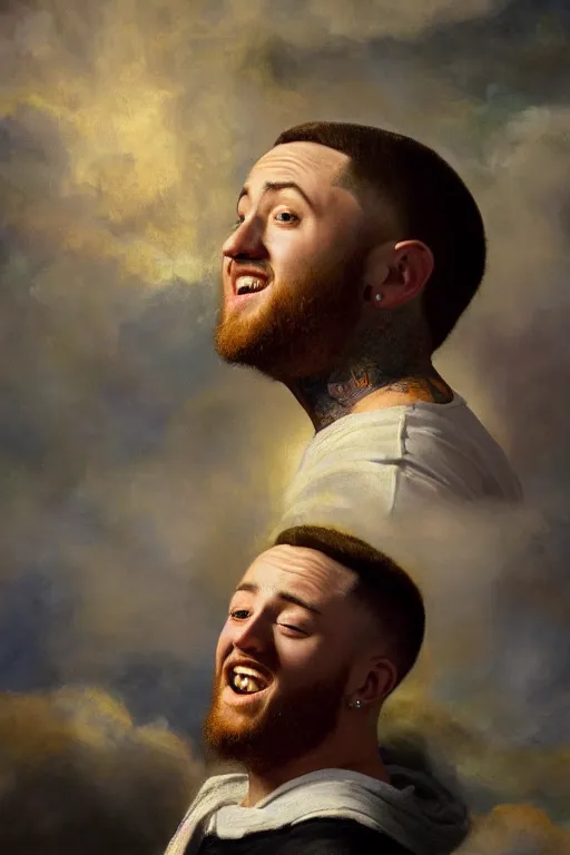 Prompt: Oil painting on Linen of Mac Miller in Heaven, RIP, heavy brushstrokes, Rembrandt Lighting, Portrait, Heavenly, Divinity, beams of golden light, Hope, Ethereal, Symmetrical face, ladders, faces, angelic, intricate details, 4k detail post processing, hyperrealistic, ultra detailed, cinematic, by Rembrandt