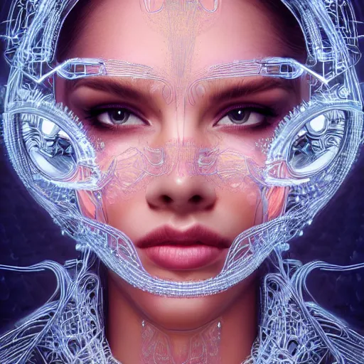 Prompt: very beautiful woman integrating with technology, full face frontal centered, portrait, insipiring, detailed intricate ornate cables connected to head, big open electric eyes, luxurious detailed abundent wiring and implants, diamonds, sci - fi, neon, emeralds, detailed technology full background with cyber flowers, highly detailed, artstation, cgsociety, 8 k rene lalique and eddie mendoza